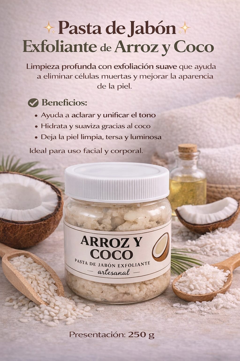 Pasta de Jabón Exfoliante de Arroz y Coco